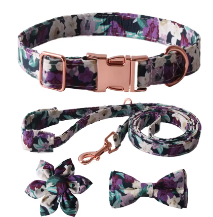 Collar/Leash/Bow/Flower Set Purple/Green